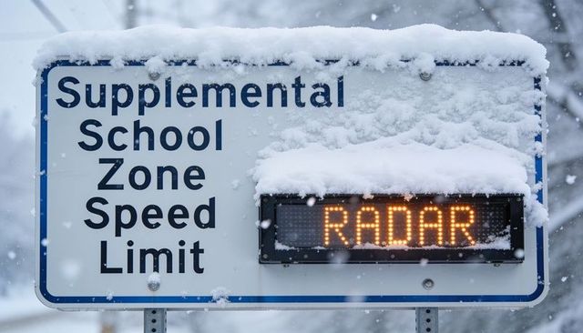 Snow-covered school zone radar sign displaying supplemental speed limit during winter storm
