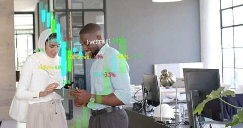 Professionals Analyzing Financial Data with Holographic Charts