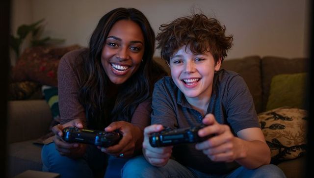 Smiling woman and teenage boy playing video games on couch during cozy evening family bonding sessio