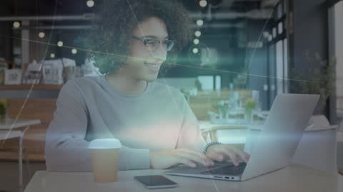 Man at Cafe Using Laptop with Digital Connections Illustration