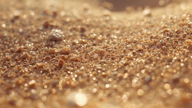 Glittering sand and pebbles illuminated by sunrise light