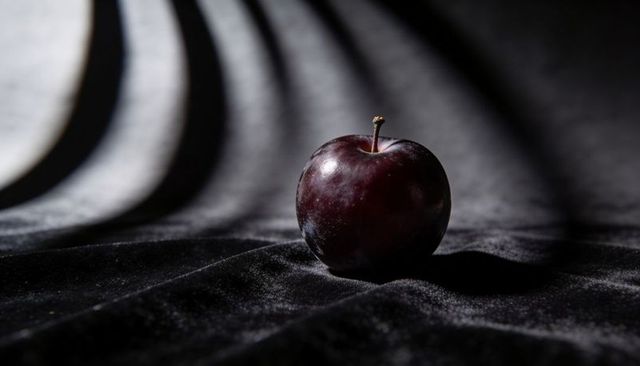 Dark plum apple resting on black velvet, casting curved light bands, dramatic chiaroscuro