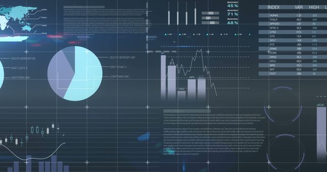 Abstract interface with multiple graphs, pie charts, and line graphs displaying financial and statistical data. Ideal for illustrating business analytics, financial reports, market analysis, investment strategies, and digital economy concepts. Great for backgrounds or presentations in fintech and economic discussions.