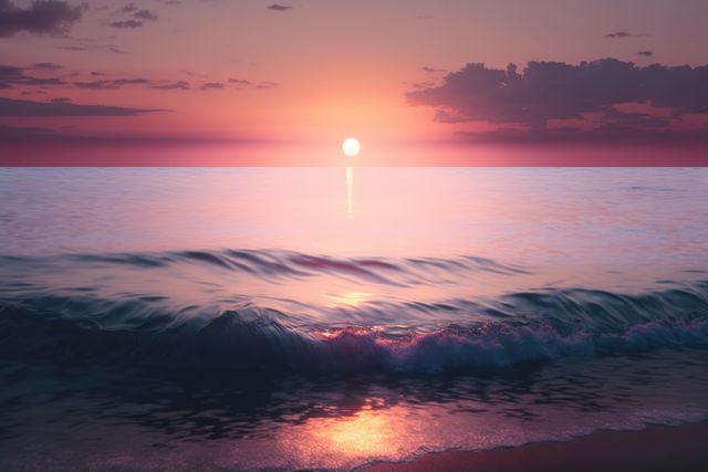 Colorful sunset illuminating the calm ocean waves with pink and purple hues reflecting on the water, providing a tranquil and serene atmosphere. Perfect for backgrounds, relaxation themes, travel promotions, or decor. Ideal for conveying peace, serenity, and natural beauty.