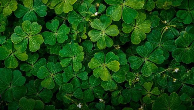 Overhead clover groundcover pattern with lush green leaves and tiny white flowers
