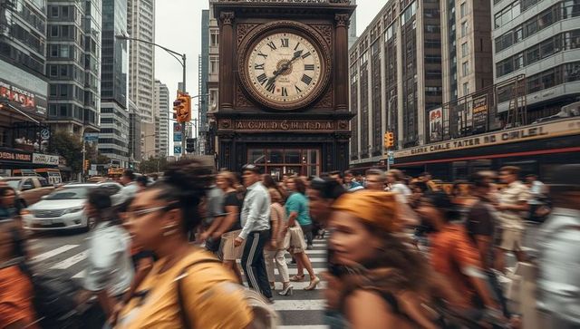 Busy city crosswalk with historical clock