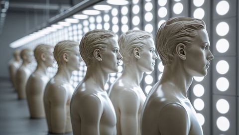 Futuristic mannequin busts with led lighting in modern tech setting, talking heads concept