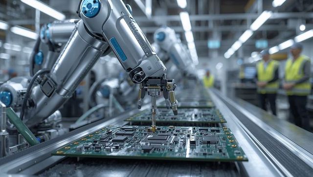 Precision robotic arm soldering circuit boards on high-speed electronics assembly line