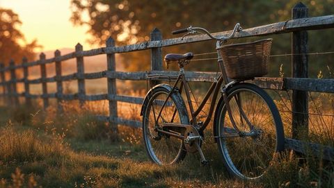 Vintage Bicycle with Wicker Basket in Sunrise Over Field