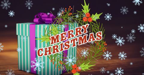 Festive Christmas Gift Box with Snowflakes and Wreath