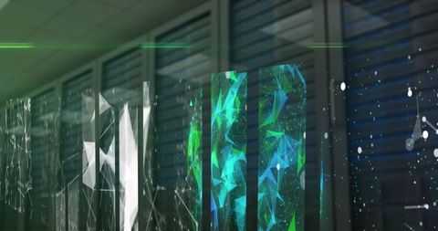 Digital data flow surrounds massive server racks in modern facility
