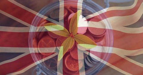 Eco-finance growth: coins with new aeaf against union jack