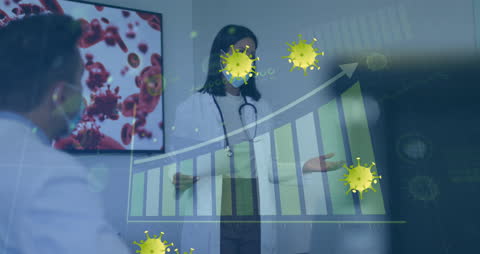 Doctor Analyzing COVID-19 Data with Virtual Stats and Virus Cells