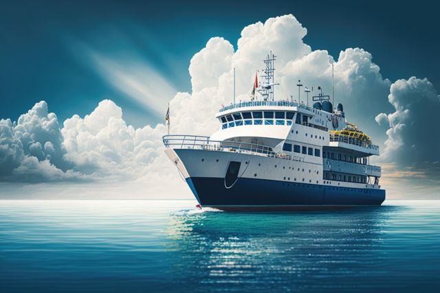 Image of blue ferry on sea over blue sky and clouds, created using generative ai technology. Transport, travel and boat, digitally generated image.