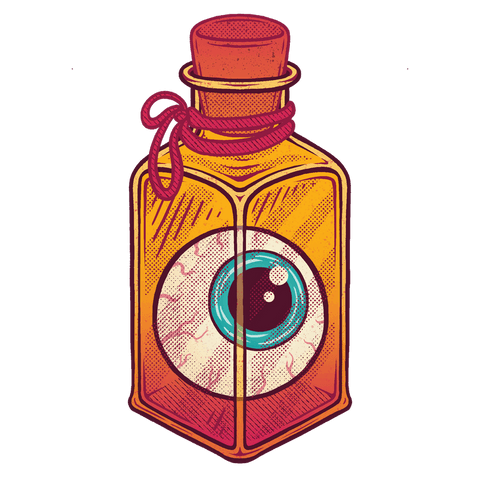 Surreal eyeball encased in glass bottle with red rope transparent