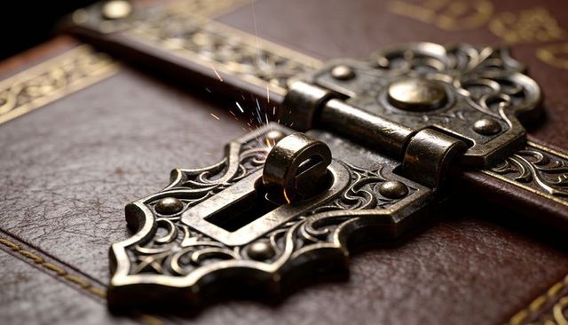 Antique filigree lock sparking on leather-bound book with ornate brass hinge