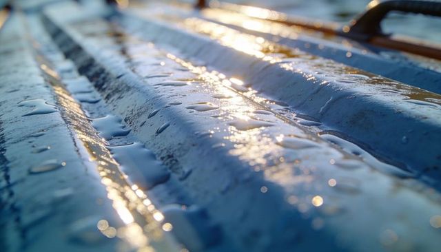 Glistening wet blue corrugated metal reflecting golden sunlight and water droplets