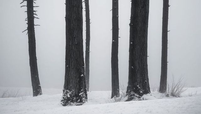 Tall tree trunks standing in snowy fog minimalist winter woodland silhouettes