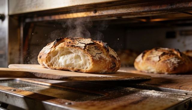 Crusty sourdough loaf lifting from deck oven with steam rising on wooden peel