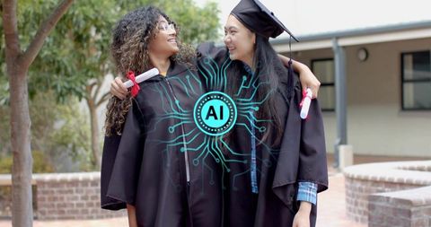 Female graduates celebrating ai future in graduation gowns holding diplomas