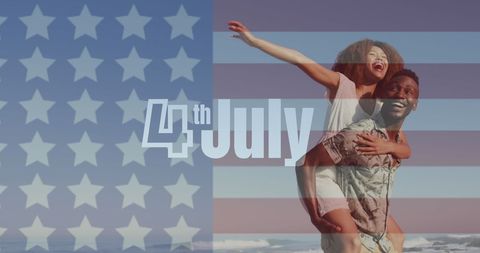 Joyful Couple Celebrating 4th of July on Beach with American Flag Overlay