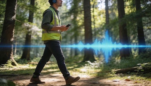 Forest technician walking with headphones and live audio waveform overlay
