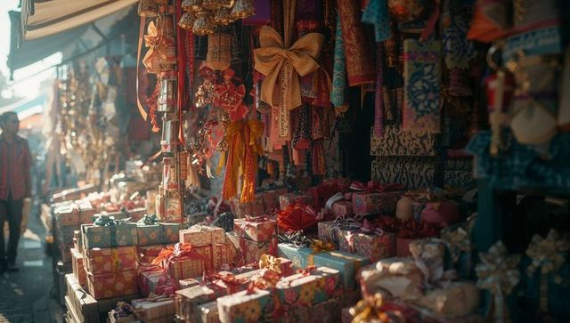 Colorful marketplace stalls with gift boxes and lanterns