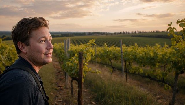 Young man surveying vineyard at golden hour with backpack, contemplative rural landscape
