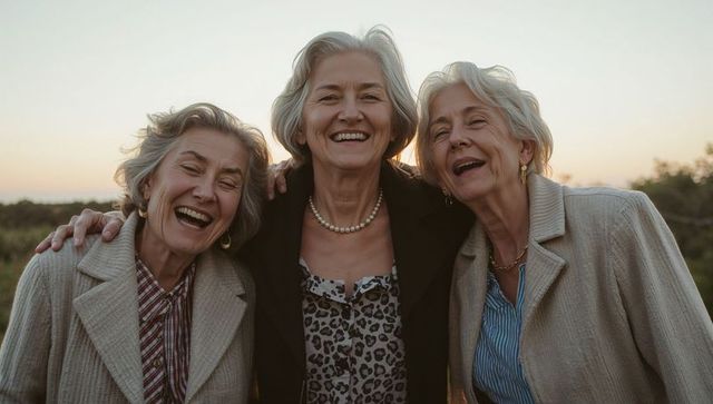 Smiling senior women embracing outdoors at sunset showing joyful friendship and laughter