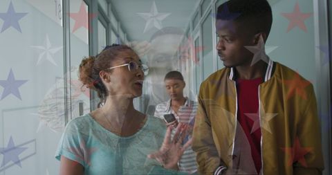 Diverse Business Professionals with USA Flag Overlay