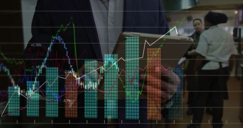 Executive Analyzing Financial Data on Tablet in Restaurant Kitchen