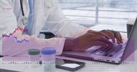 Doctor typing on laptop with medical data overlay, telemedicine analytics and prescription bottles
