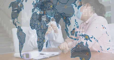 Doctor administering vaccine during clinic consultation with global health data overlay