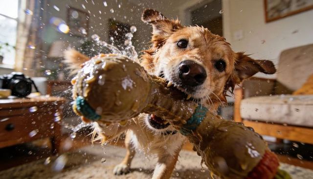 Golden retriever shaking soaked chew toy, water droplets flying during indoor play