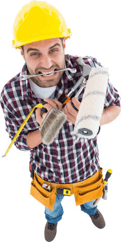 frustrated handyman holding multiple tools in transparent view - Download Free Stock Videos Pikwizard.com