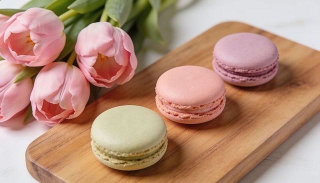 Pastel macarons on wooden board featuring pink tulips spring dessert flatlay