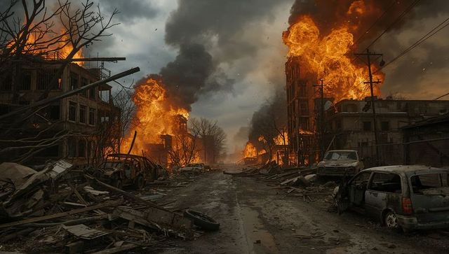 War-Torn Urban Destruction, Flames Engulf Buildings and Cars on Ruined Street