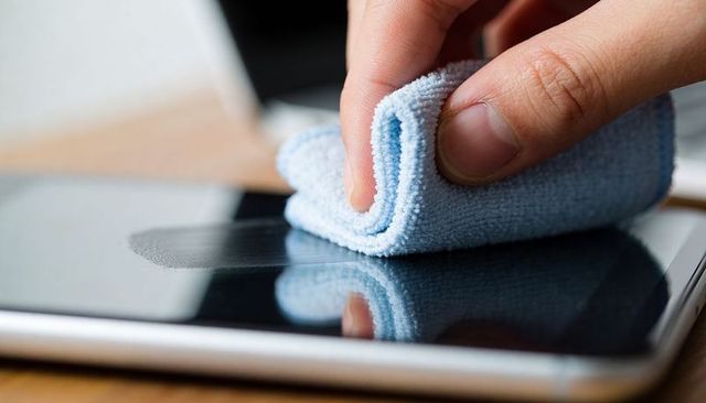 Hand wiping tablet screen with microfiber cloth for smudge-free touchscreen maintenance