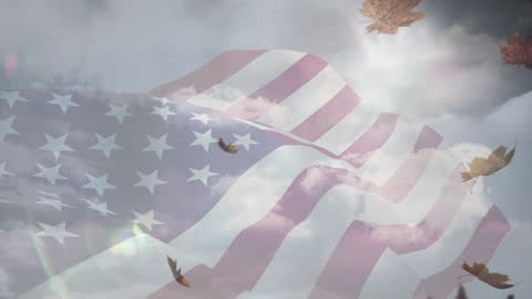 USA Flag Overlayed with Sky and Autumn Leaves Animation