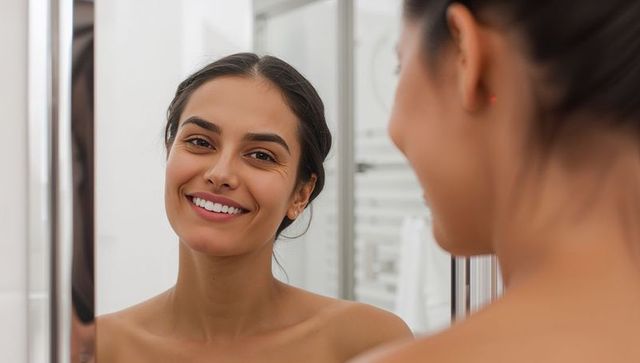 Smiling woman gazing into mirror checking skin at minimalist bathroom vanity