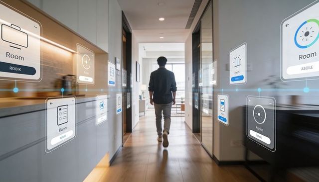 Walking through smart home corridor with holographic room controls in modern apartment