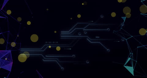 Abstract Circuit Board with Digital Icons in Dark Colors