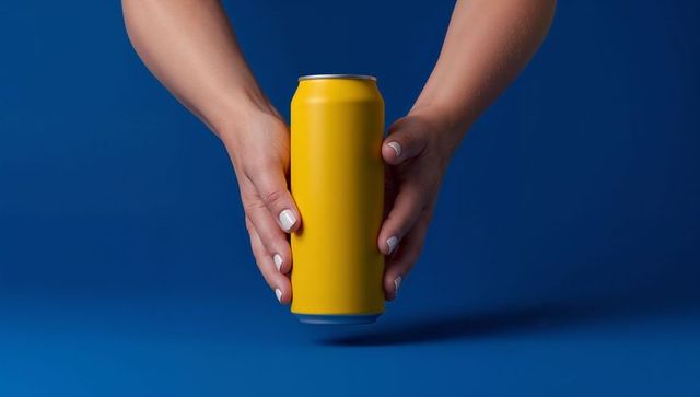 Minimalist Hands Holding Yellow Can on Blue Background