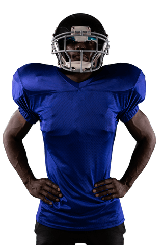 Confident african american football player with helmet on transparent background