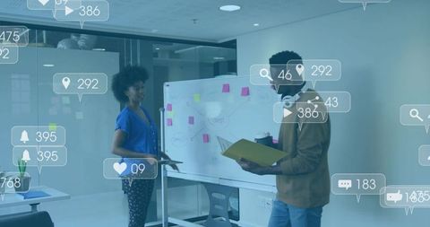 Creative Team Brainstorming at Whiteboard with Social Media Metrics Overlay