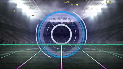 Futuristic Digital Scanner Overlay with Confetti in Stadium