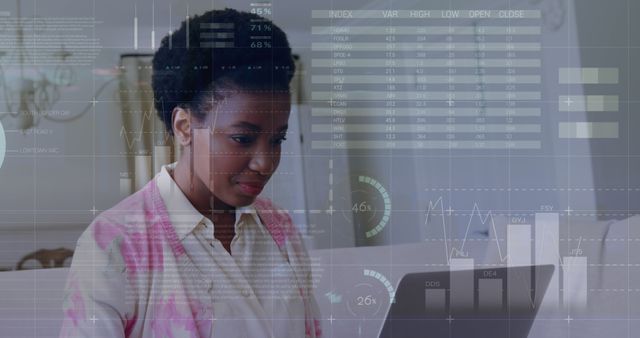 Woman Analyzing Data on Laptop with Transparent Charts in Background - Download Free Stock Images Pikwizard.com