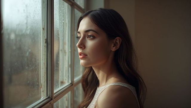 Pensive woman gazing through rain-speckled window, soft natural light intimate portrait