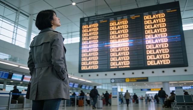 Business traveler facing delayed flights on large departure board in modern airport