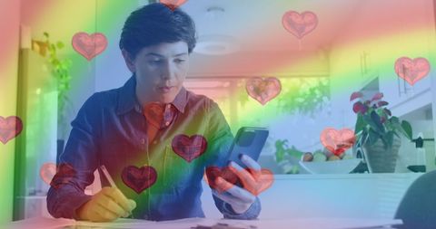 Woman Celebrating LGBTQ+ Love with Rainbow and Heart Overlays